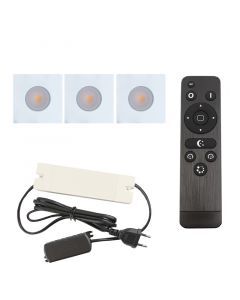 3 focos empotrables cuadrados blancos para porche Dico, IP65, con set de conexión y mando a distancia