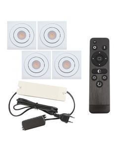4 focos empotrables orientables para porche Rona cuadrado, IP44, con set de conexión y mando a distancia, blanco