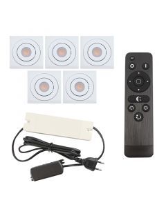5 focos empotrables orientables para porche Rona cuadrado, IP44, con set de conexión y mando a distancia, blanco