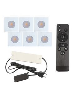 6 focos empotrables cuadrados blancos para porche Dico, IP65, con set de conexión y mando a distancia
