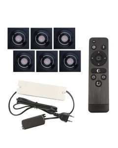 6 focos empotrables orientables para porche Rona cuadrado, IP44, con set de conexión y mando a distancia, negro