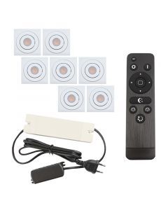 7 focos empotrables orientables para porche Rona cuadrado, IP44, con set de conexión y mando a distancia, blanco
