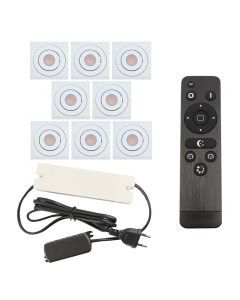 8 focos empotrables orientables para porche Rona cuadrado, IP44, con set de conexión y mando a distancia, blanco
