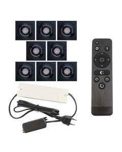 8 focos empotrables orientables para porche Rona cuadrado, IP44, con set de conexión y mando a distancia, negro