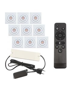 9 focos empotrables orientables para porche Rona cuadrado, IP44, con set de conexión y mando a distancia, blanco