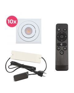 10 focos empotrables orientables para porche Rona cuadrado, IP44, con set de conexión y mando a distancia, blanco