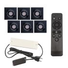 6 focos empotrables orientables para porche Rona cuadrado, IP44, con set de conexión y mando a distancia, negro