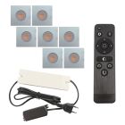 7 focos empotrables cuadrados cromados para porche Dico, IP65, con set de conexión y mando a distancia