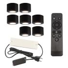 7 apliques de techo redondos negros para porche Vasso, IP44, con set de conexión y mando a distancia