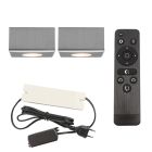 2 apliques de techo cuadrados cromados para porche Fredo, IP44, con set de conexión y mando a distancia