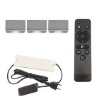 3 apliques de techo cuadrados cromados para porche Fredo, IP44, con set de conexión y mando a distancia