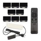 8 apliques de techo cuadrados negros para porche Fredo, IP44, con set de conexión y mando a distancia