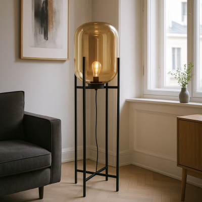 Lámpara de pie ámbar retro, Roxy, con interruptor