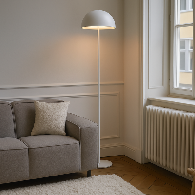 Lámpara de pie blanca retro, Douwe, 4W, dim to warm LED, con regulador táctil