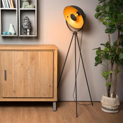 Lámpara de pie tripode moderna dorada, Alvaro, con interruptor