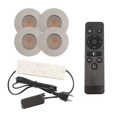4 focos empotrables cromados para porche Dico, IP65, con set de conexión y mando a distancia