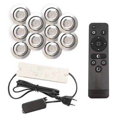 10 focos empotrables orientables para porche Rona, IP44, con set de conexión y mando a distancia, cromo