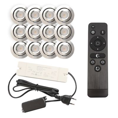 12 focos empotrables orientables para porche Rona, IP44, con set de conexión y mando a distancia, cromo