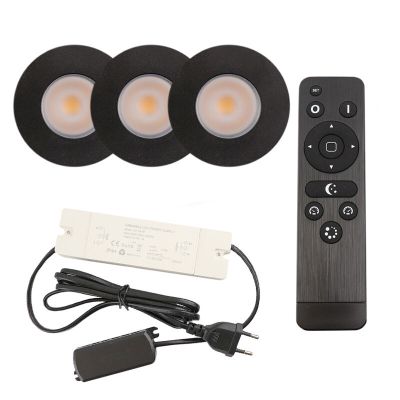 3 focos empotrables negros para porche Dico, IP65, con set de conexión y mando a distancia
