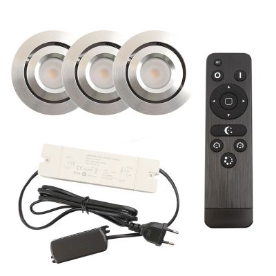 3 focos empotrables orientables para porche Rona, IP44, con set de conexión y mando a distancia, cromo