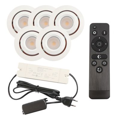 5 focos empotrables orientables para porche Rona, IP44, con set de conexión y mando a distancia, blanco