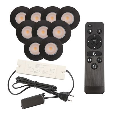 9 focos empotrables negros para porche Dico, IP65, con set de conexión y mando a distancia