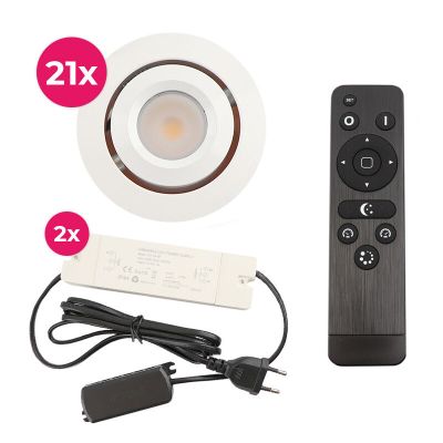 21 focos empotrables orientables para porche Rona, IP44, con set de conexión y mando a distancia, blanco