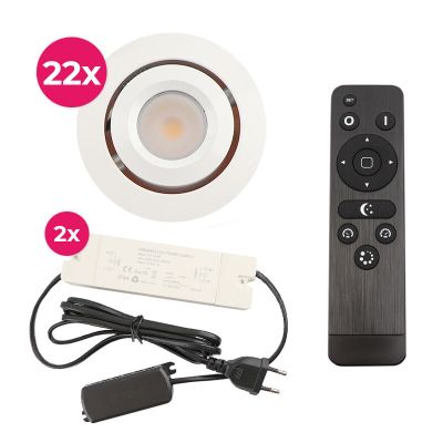 22 focos empotrables orientables para porche Rona, IP44, con set de conexión y mando a distancia, blanco