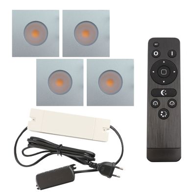 4 focos empotrables cuadrados cromados para porche Dico, IP65, con set de conexión y mando a distancia