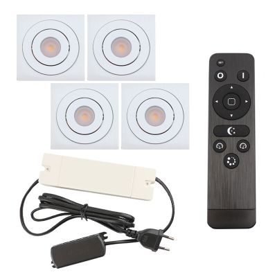 4 focos empotrables orientables para porche Rona cuadrado, IP44, con set de conexión y mando a distancia, blanco