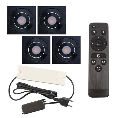 4 focos empotrables orientables para porche Rona cuadrado, IP44, con set de conexión y mando a distancia, negro