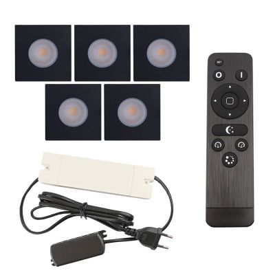 5 focos empotrables cuadrados negros para porche Dico, IP65, con set de conexión y mando a distancia