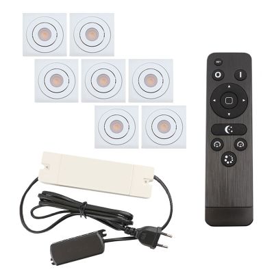 7 focos empotrables orientables para porche Rona cuadrado, IP44, con set de conexión y mando a distancia, blanco