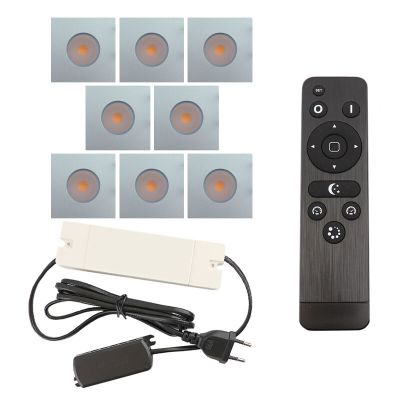 8 focos empotrables cuadrados cromados para porche Dico, IP65, con set de conexión y mando a distancia