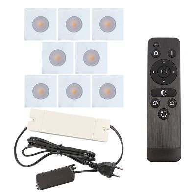 8 focos empotrables cuadrados blancos para porche Dico, IP65, con set de conexión y mando a distancia