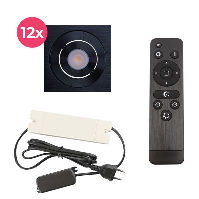 12 focos empotrables orientables para porche Rona cuadrado, IP44, con set de conexión y mando a distancia, negro