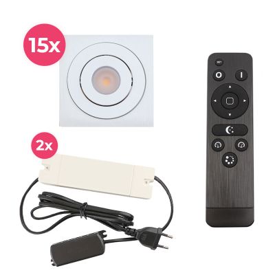 15 focos empotrables orientables para porche Rona cuadrado, IP44, con set de conexión y mando a distancia, blanco