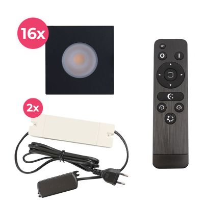 16 focos empotrables cuadrados negros para porche Dico, IP65, con set de conexión y mando a distancia
