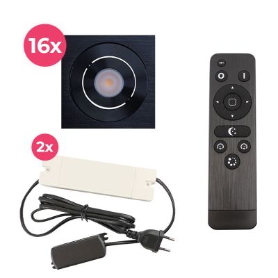 16 focos empotrables orientables para porche Rona cuadrado, IP44, con set de conexión y mando a distancia, negro