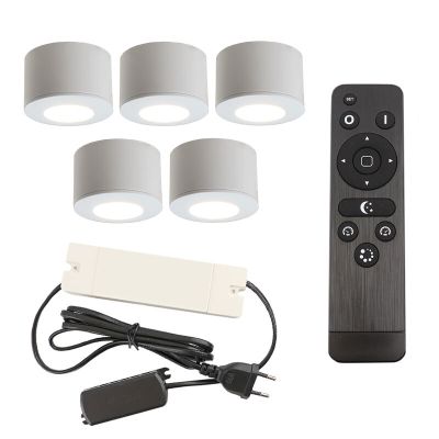 5 apliques de techo redondos blancos para porche Vasso, IP44, con set de conexión y mando a distancia