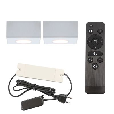 2 apliques de techo cuadrados blancos para porche Fredo, IP44, con set de conexión y mando a distancia