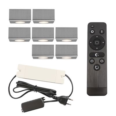 7 apliques de techo cuadrados cromados para porche Fredo, IP44, con set de conexión y mando a distancia