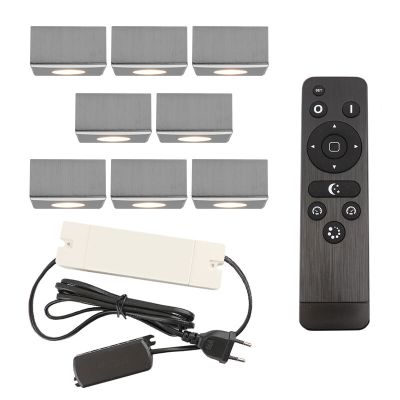 8 apliques de techo cuadrados cromados para porche Fredo, IP44, con set de conexión y mando a distancia