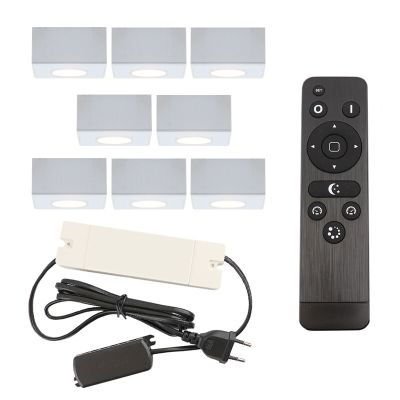 8 apliques de techo cuadrados blancos para porche Fredo, IP44, con set de conexión y mando a distancia