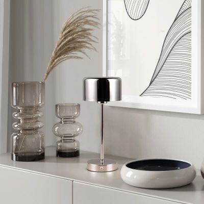 Lámpara de mesa recargable moderna cromada, Dustin, 1W, 3000K LED, con regulador táctil