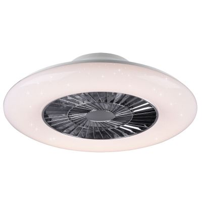 Ventilador de techo moderno cromado, Damia, 40W, ajustable entre luz blanco cálido y frío LED, con mando a distancia