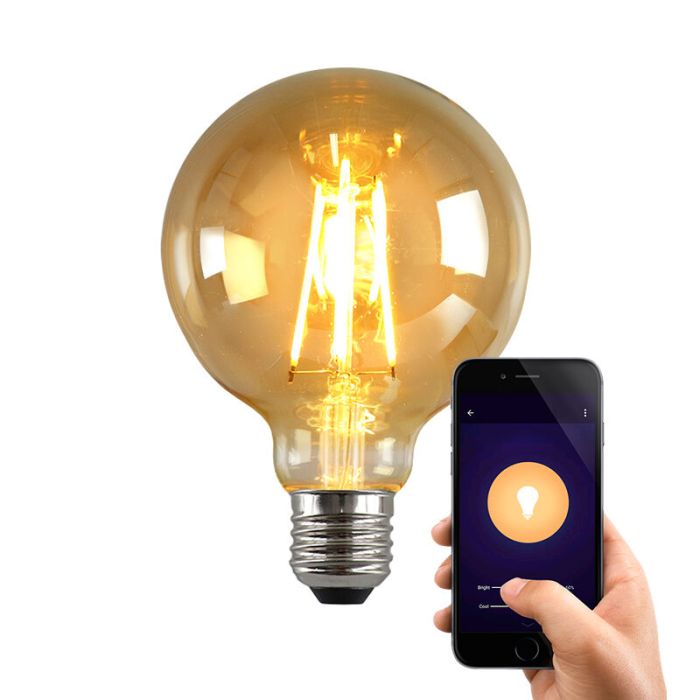 Olucia bombilla inteligente LED E27 George, ámbar, G95, 5W, dim to warm