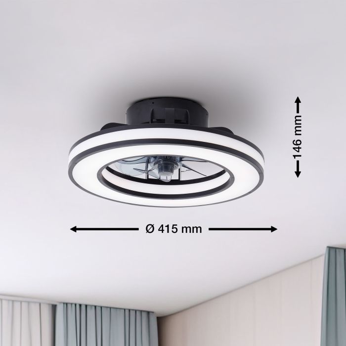 Ventilador de techo negro moderno, Yari, 26W, RGBW LED, con mando a distancia