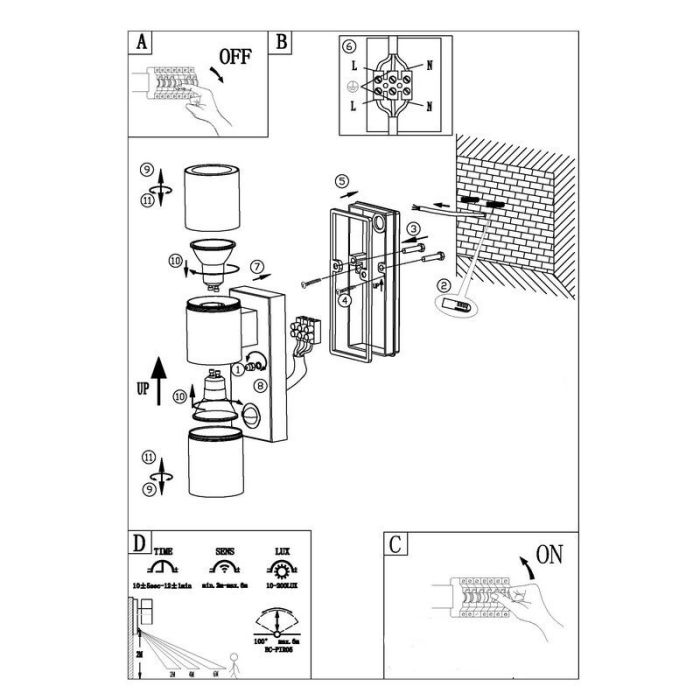 Aplique exterior con sensor de movimiento antracita de metal, Marlies, IP44