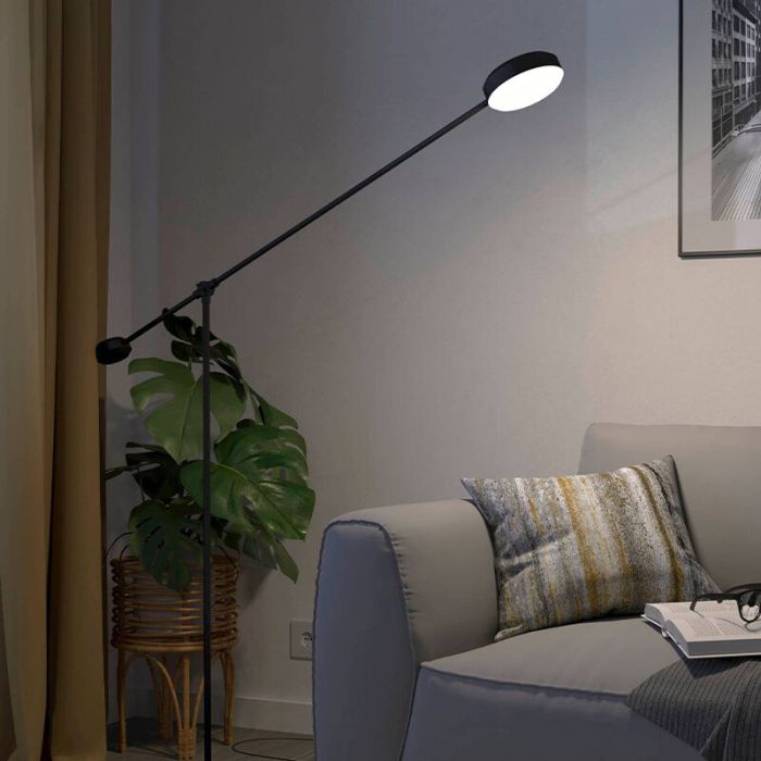 Lámpara de pie de lectura negra de aluminio, Thies, 24W, 3000K LED, regulable en 3 pasos